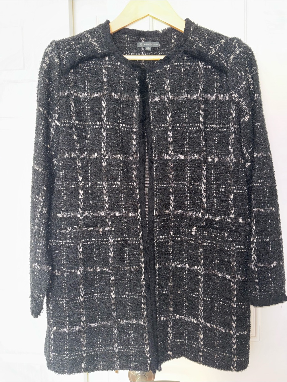 Adrianna Papell Black Metallic Check Longline Open-Front Jacket